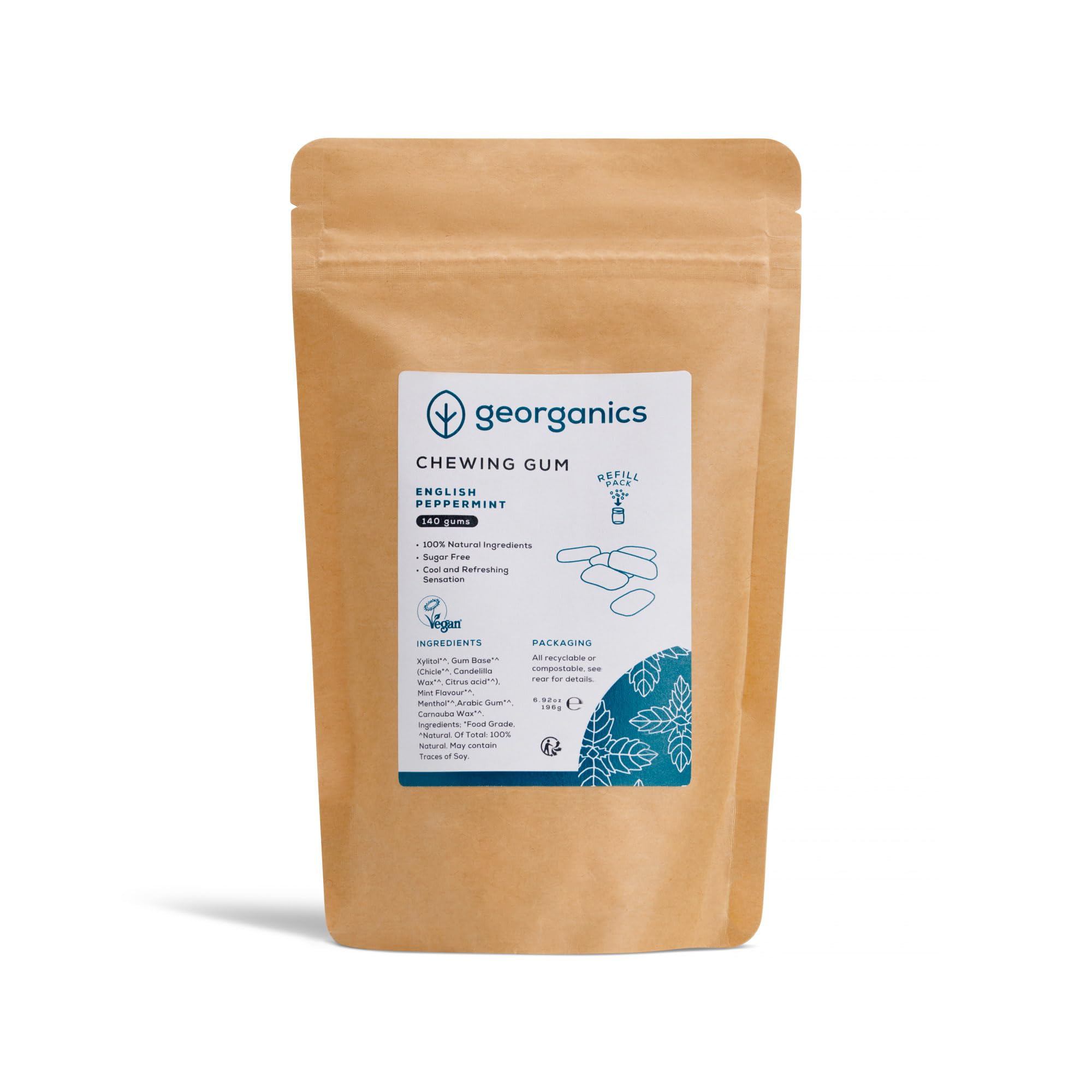 Georganics Peppermint Chewing Gum - 140 Pieces - Cool & Refreshing Flavour - Gentle on Sensitive Teeth - Sugar Free - Ideal for Daily Usage - Natural Ingredients