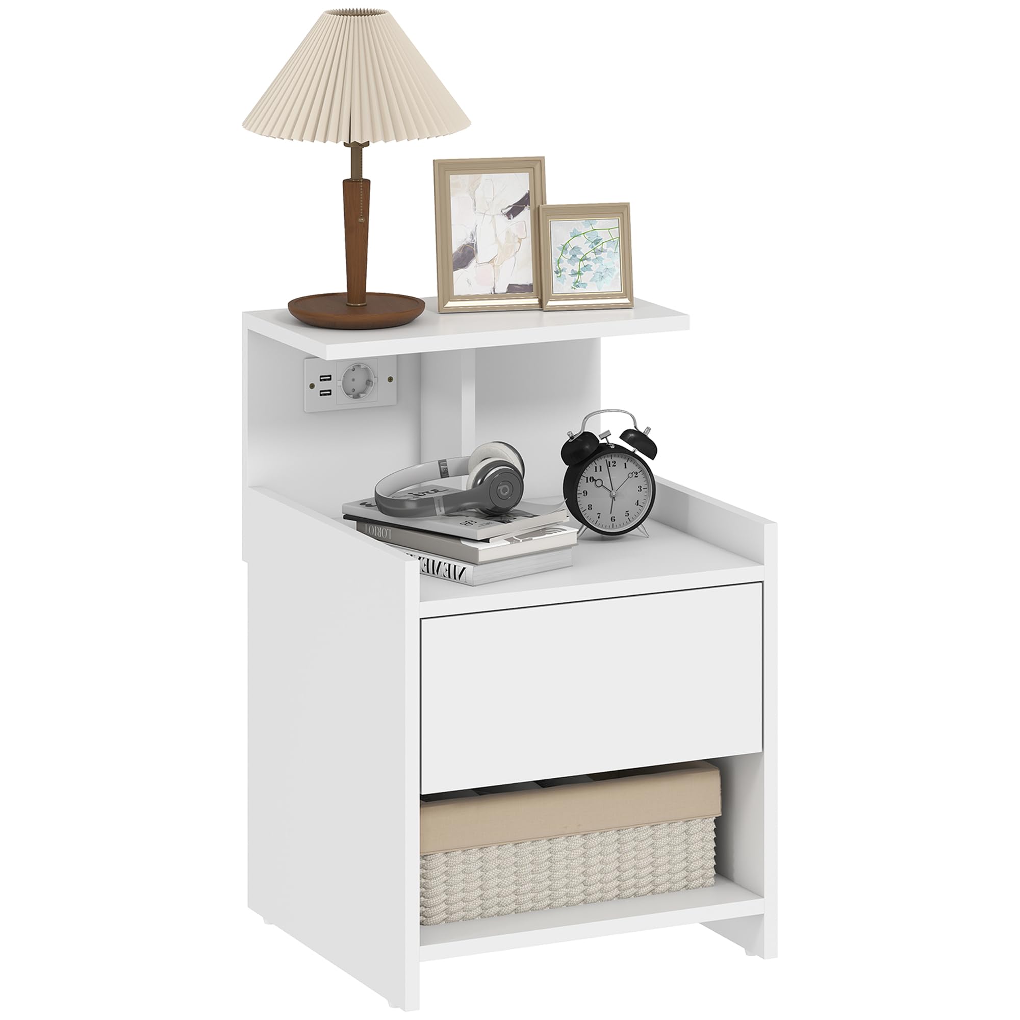 HOMCOM Mesita de Noche con Estación de Carga Cajón 40x40x60 cm Blanco | Mesilla de Noche Dormitorio, Puertos USB, Estantes Abiertos, para Salón, Estudio