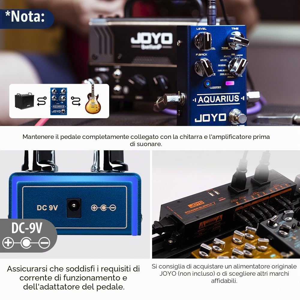 JOYO Pedale multi-mode Delay & Looper per chitarra, 8 effetti incl. Galaxy/Tape Echo con Tap Tempo e 5 min Loop, Bypass (Aquarius R-07)