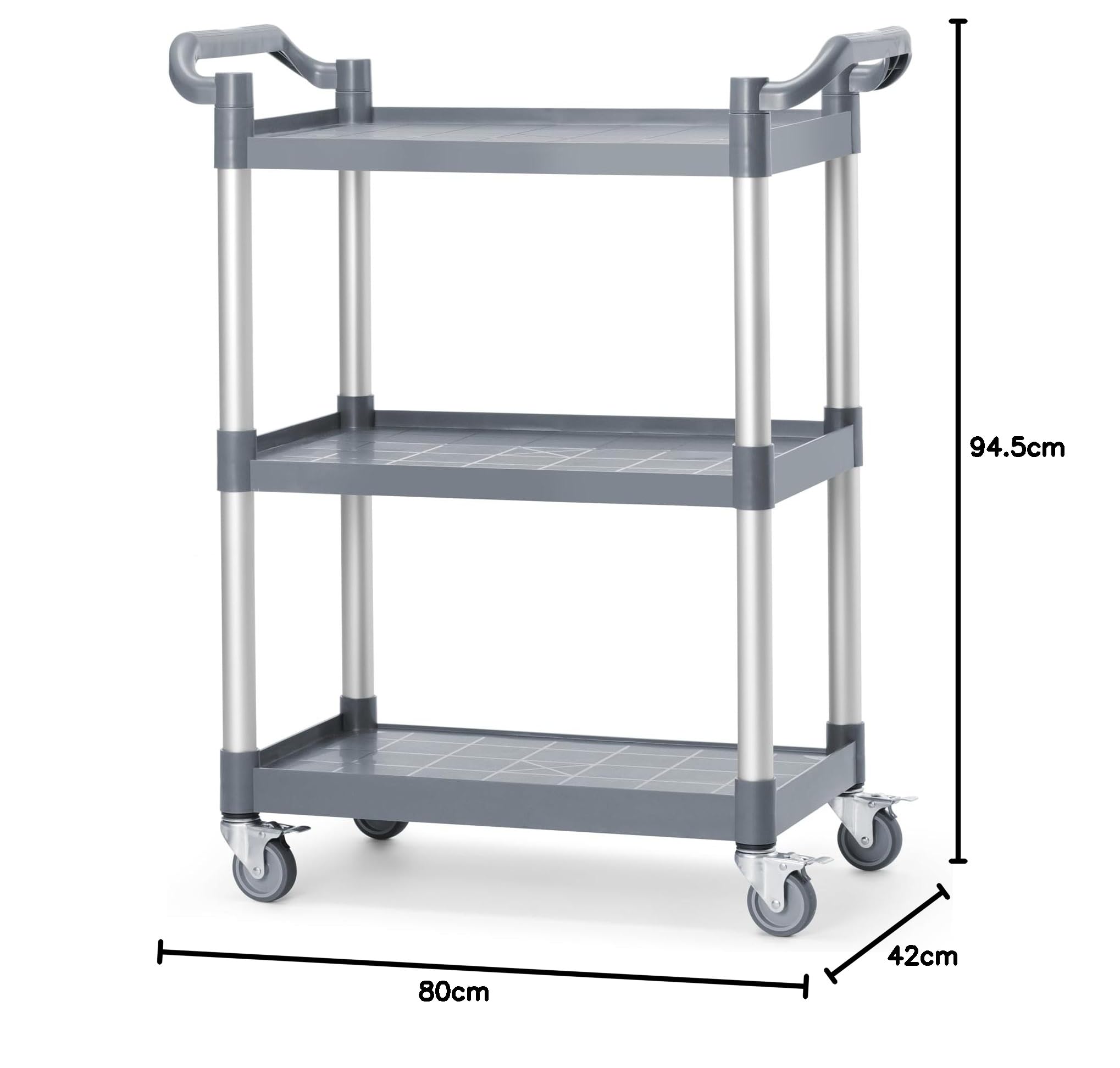 HENDI Carrito de Servicio Profesional, de Cocina o Restaurante, Multiusos, 3 estantes, 4 Ruedas giratorias (2 con Freno), Carga máx. 50 kg por Estante, 800x420x(H) 945mm, Polipropileno