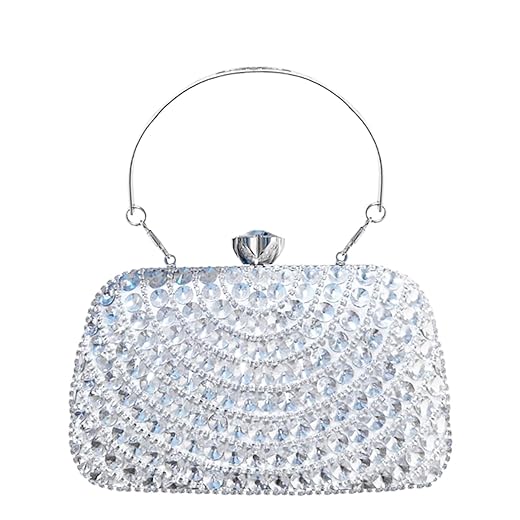 Bolsa Clutch Festa Feminina Prata Full Diamond Estilo Hip-Hop Mão Ombro Transversal Com Correntes Removíveis