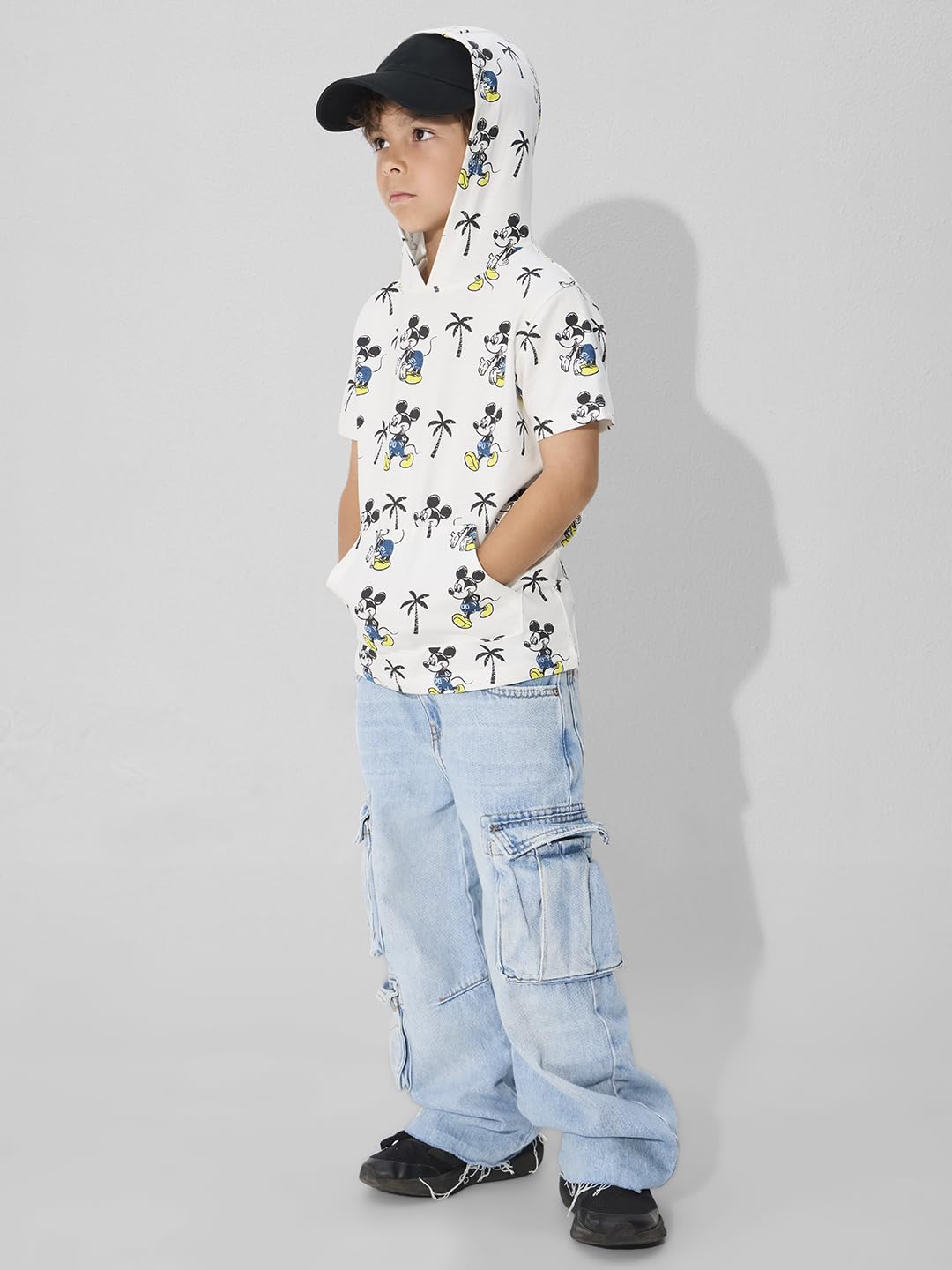 The Souled Store Mickey Mouse Beach Vibes Niños Manga Corta Blanco Allover Impreso Algodón Camisetas con Capucha