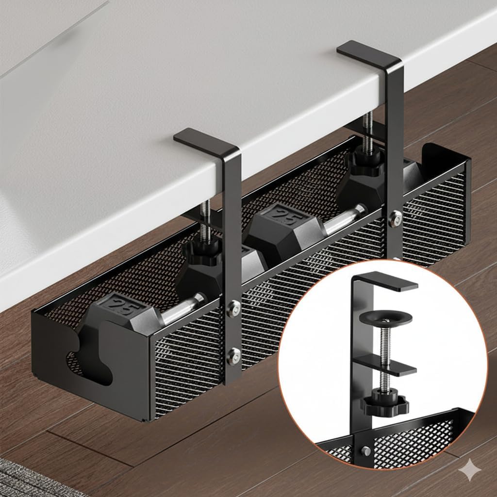 Axtella Adjustable Under Desk Cable Organizer Rack Heavy-Duty Metal Wire Tray with Clamp Mount No-Drill Design, Space-Saving & Rust-Resistant Holder for Power Cords, Extensions & Cables 1