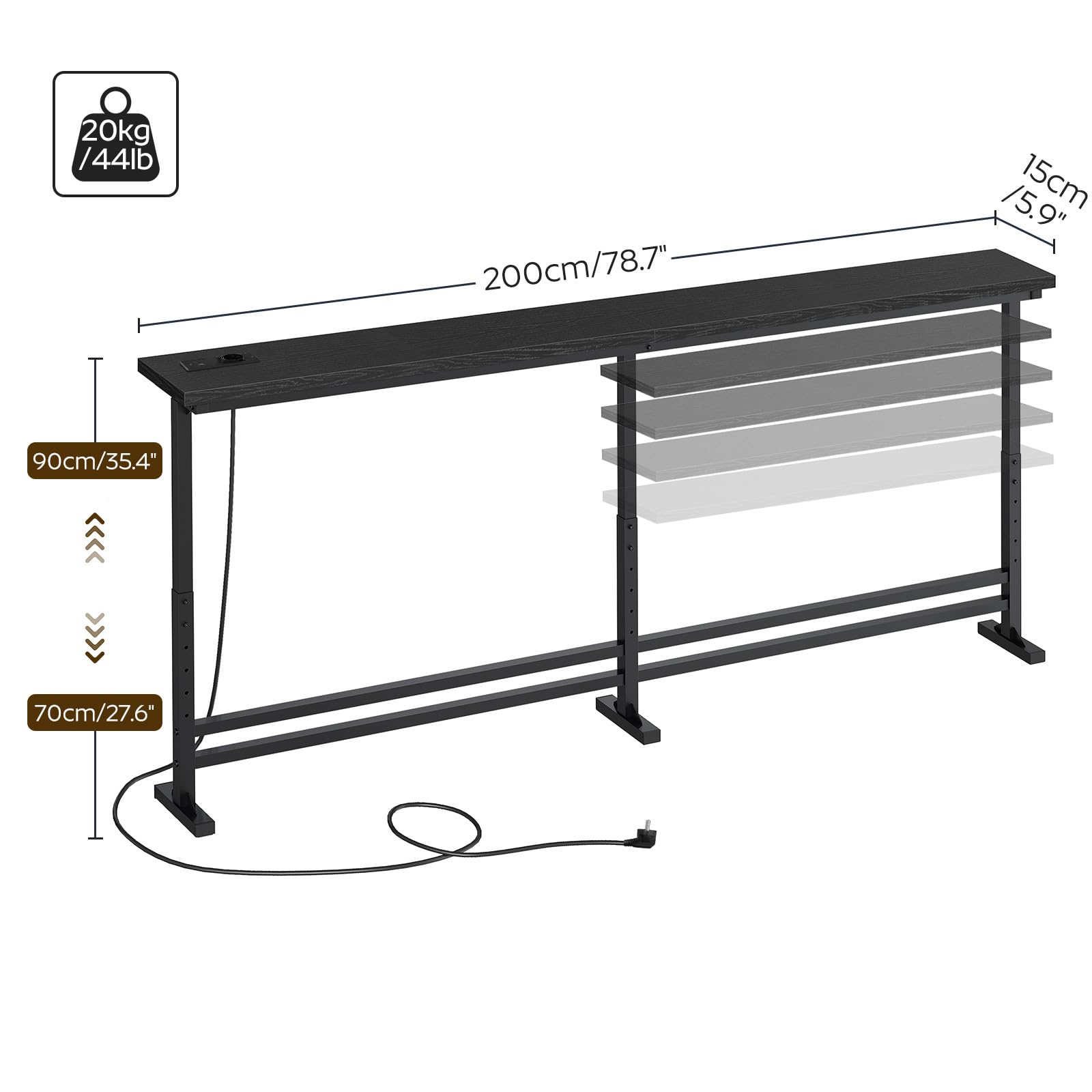 YATINEY Konsolentisch schmal, schmaler Flurtisch, 200 cm Langer Eingangstisch, 1 AC, 1 USB-A, 1 Typ-C, für Wohnzimmer, Flur, Eingangsbereich, Schwarz XCT09CBB