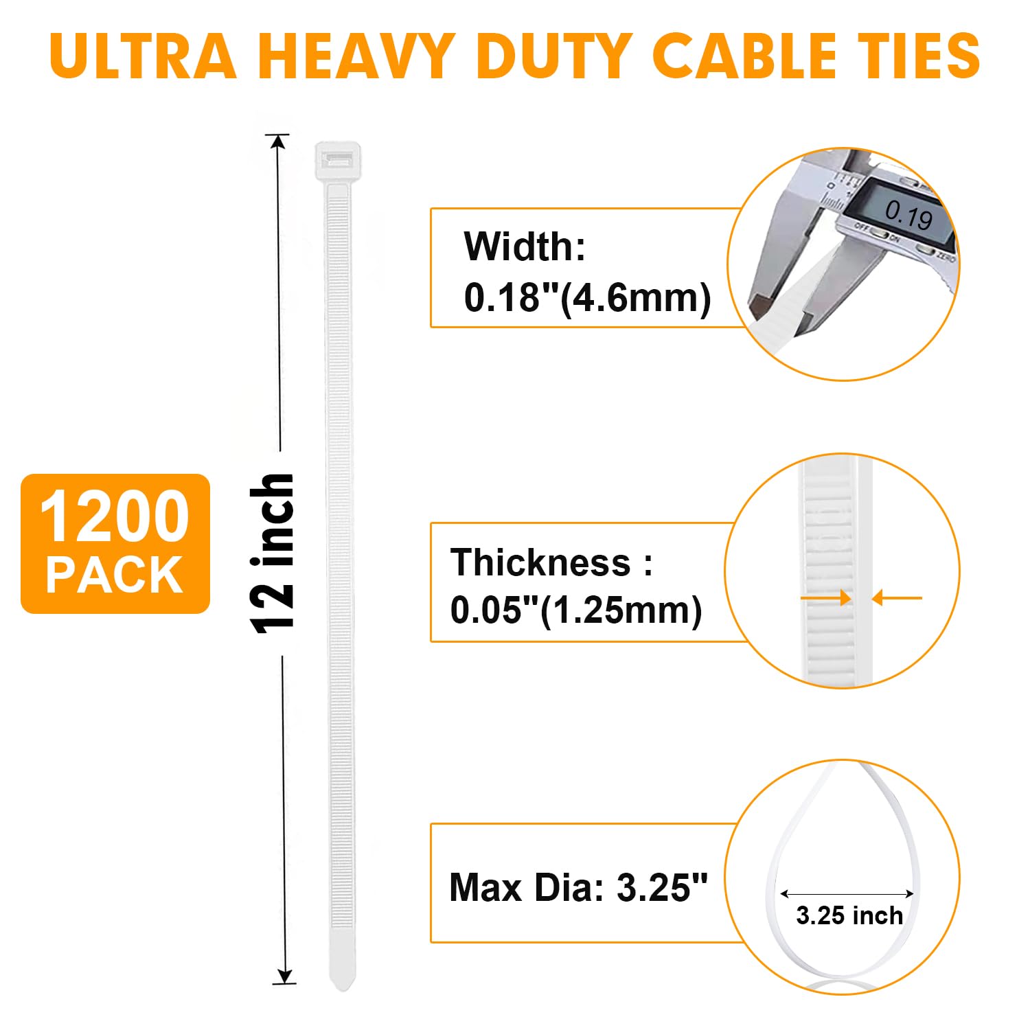 RAZCC - 1200 bridas para cables de 12 pulgadas, bridas de plástico blanco resistente con resistencia a la tracción de 50 libras, bridas de nailon autobloqueante, gestión de cables para interiores y