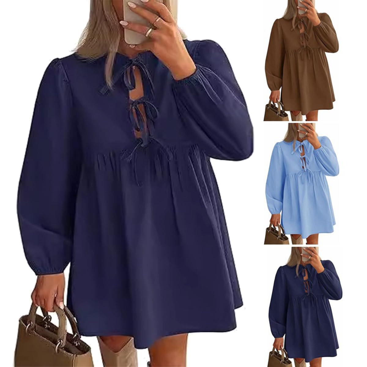 Mini Abito da Donna con Peplo e Fiocco a Maniche,Abiti Autunnali da Donna,Abito Corto con Volant a Trapezio, Grazioso Abito Tunica svolazzante, Grazioso Mini Abito Tunica (XXL,Navy)