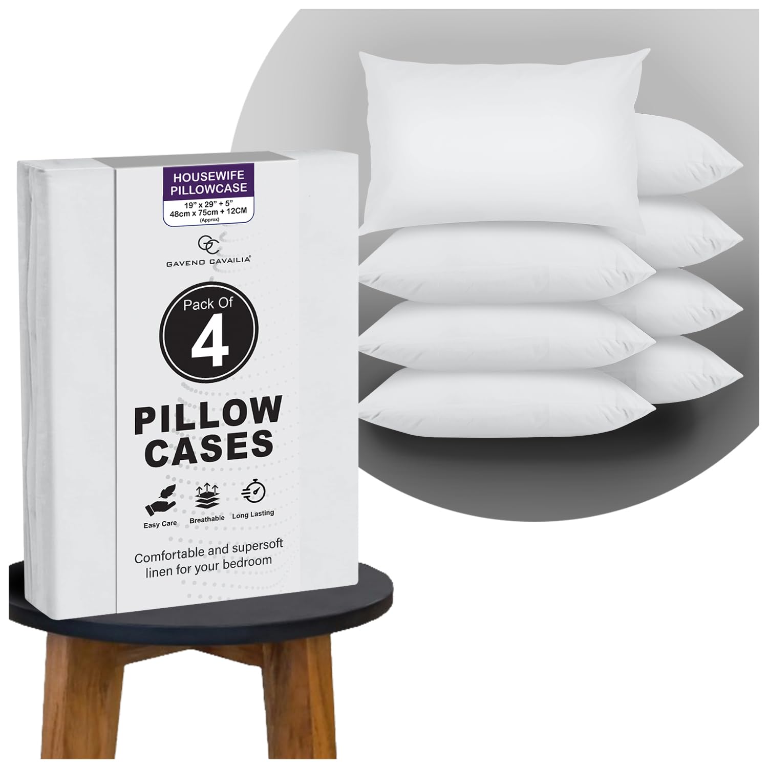 GC GAVENO CAVAILIA Plain White Pillow Cases 4 Pack | Breathable, Wrinkle, Soft Touch Polycotton Bedding Pillowcases | Hotel Quality Hypoallergenic Pillow Covers Envelope Closure 74x48 Cm
