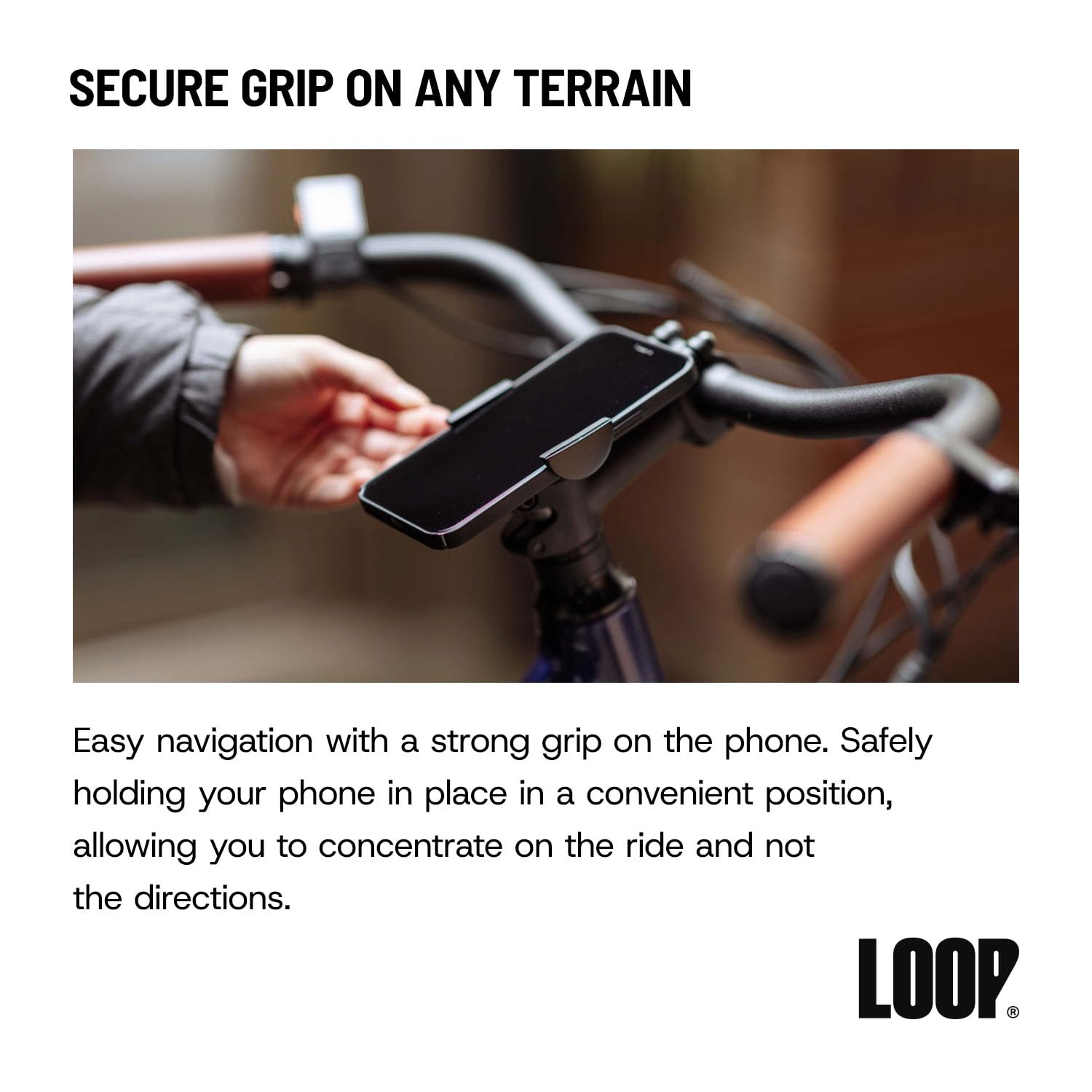 Loop Micro Mount – Supporto per telefono da bicicletta super compatto per iPhone e Samsung – Supporto per attacco manubrio in metallo, facile installazione, misura universale, integrazione senza