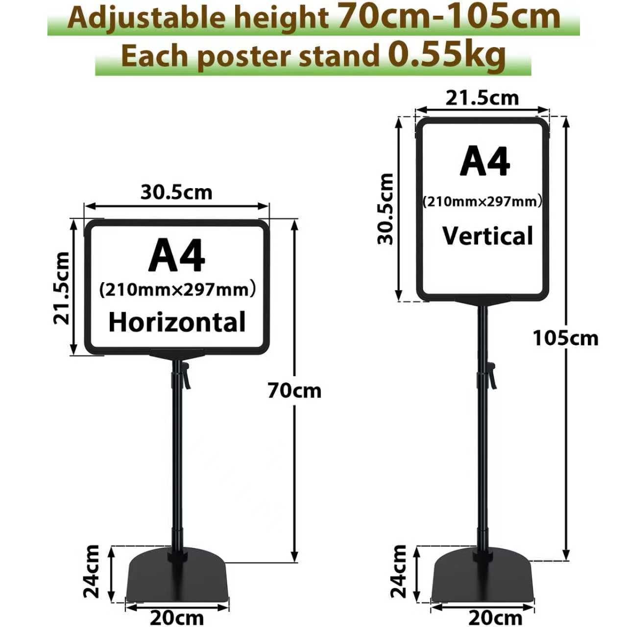 Lot de 6 supports d'affiche A4 réglables, réutilisables pour menus publicitaires, supports d'affichage pour affichage vertical et horizontal, noir