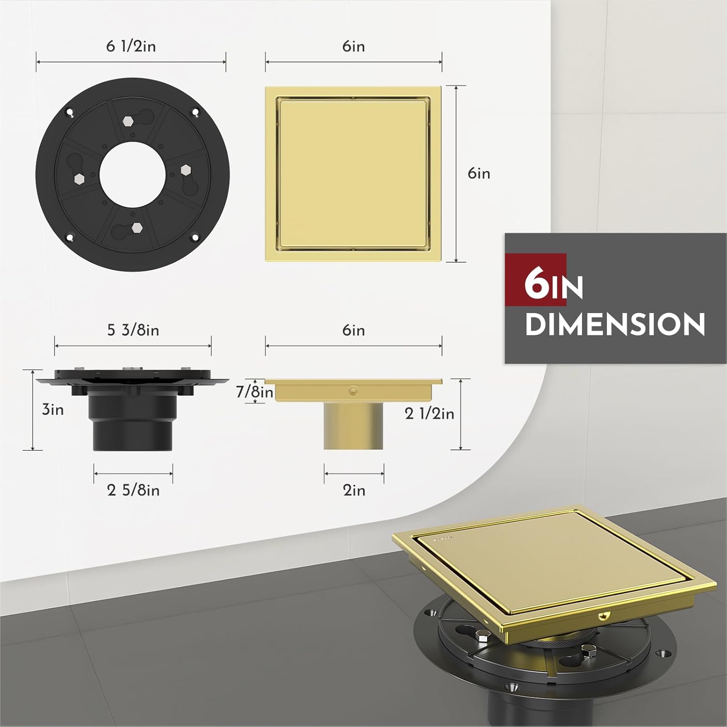 WEBANG 6 Inch Square Shower Drain Gold Floor Drain with Flange Reversible 2-in-1 Cover Tile Insert Grate Removable SUS304 Stainless Steel CUPC Certified Brushed Gold - Image 2