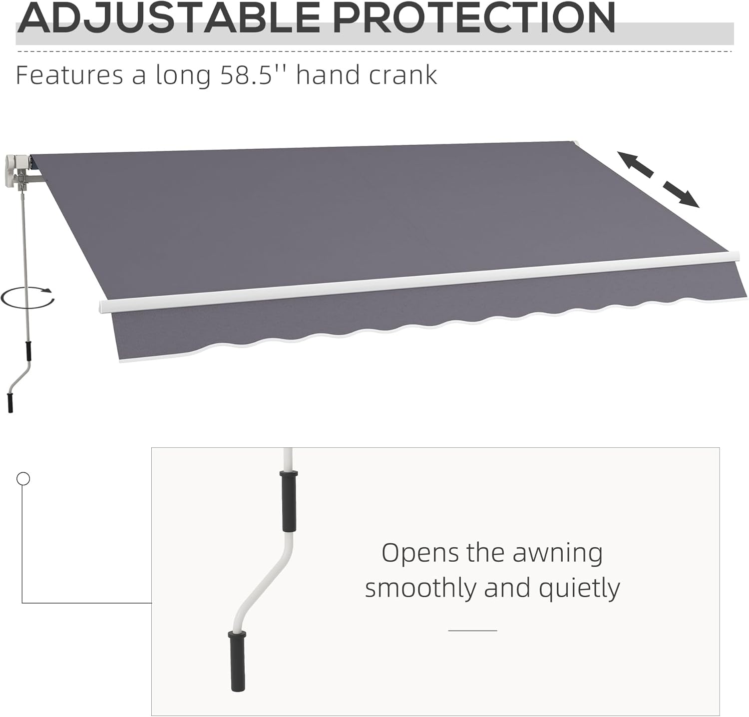 Diagram showing the awning extending and retracting with a long 58.5 inch hand crank, and a close-up of the crank handle for smooth operation.