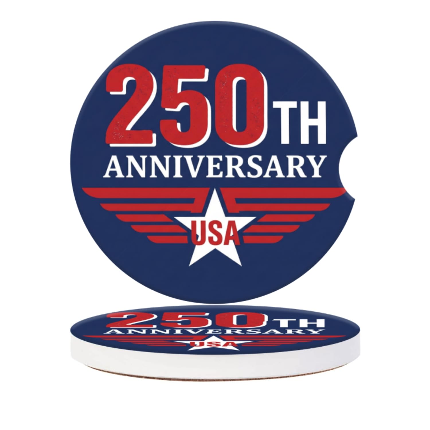 Patriotic 250th Anniversary USA Winged Ceramic Car Cup Coasters for Cup Holders with Finger Notch & Cork Base - Anti-Slip Car Interior Accessories for Women Men, Pack of 2, 2.56in