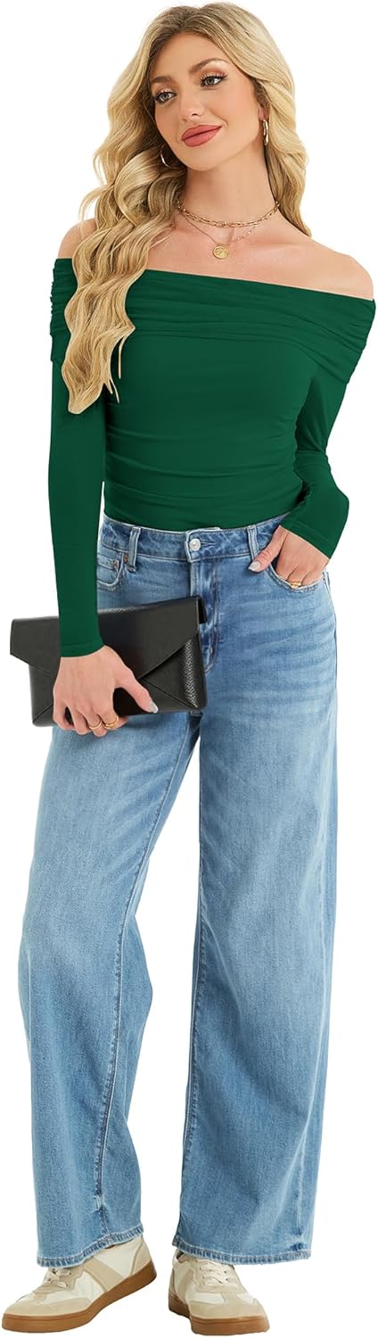 Off The Shoulder Mesh Tops for Women 2025 Fall Long Sleeve Shirts Bodycon Y2k Blouses Ruched Tendy Going Out Outfits - Image 6