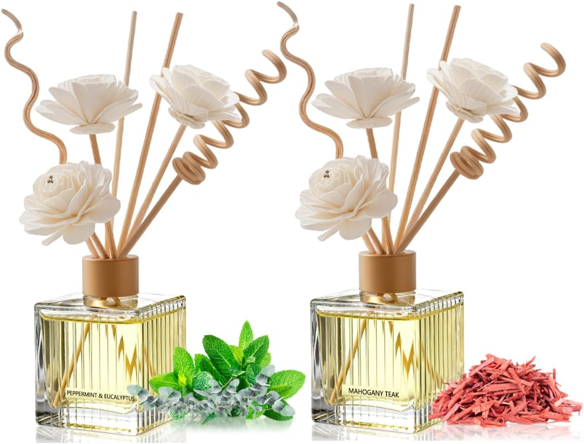 Mahogany Teak & Peppermint Eucalyptus Reed Diffuser Set - 2 Pack, 200ml Glass Bottles with Natural Reed Sticks | Sophisticated Woods & Fresh Scents for Home & Office