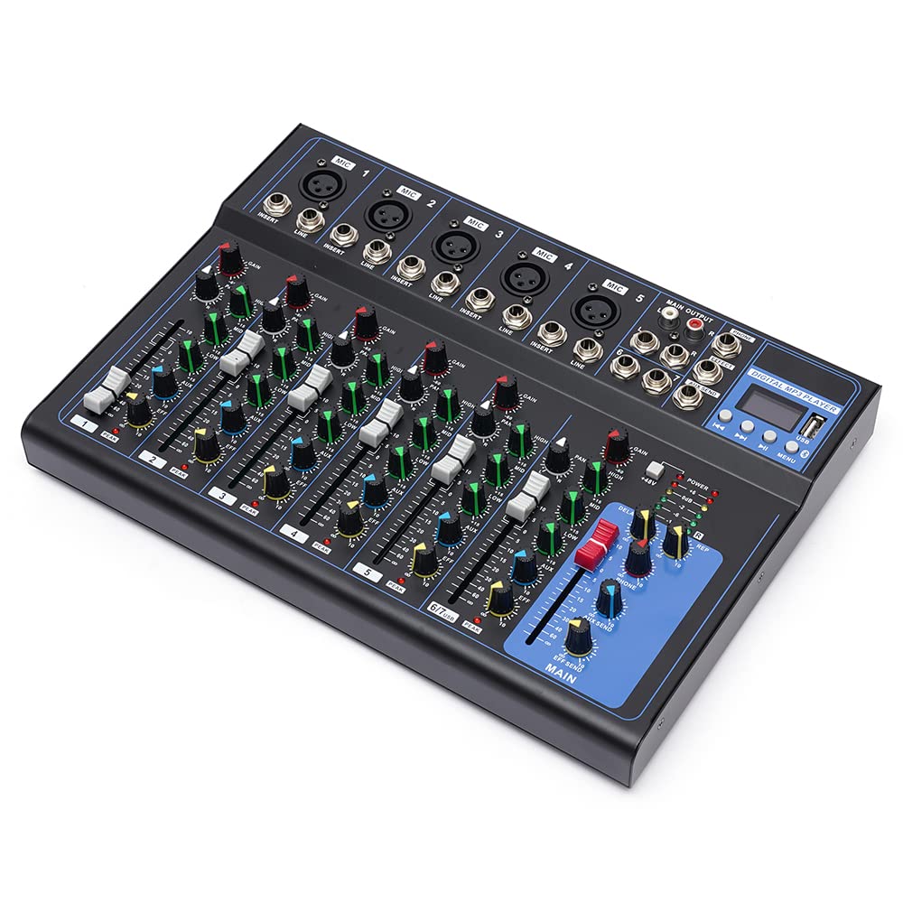 Table de mixage audio 7 canaux, 48 V USB Bluetooth, compatible avec différents appareils égaliseur avec amplificateur de microphone, interface audio stéréo DJ