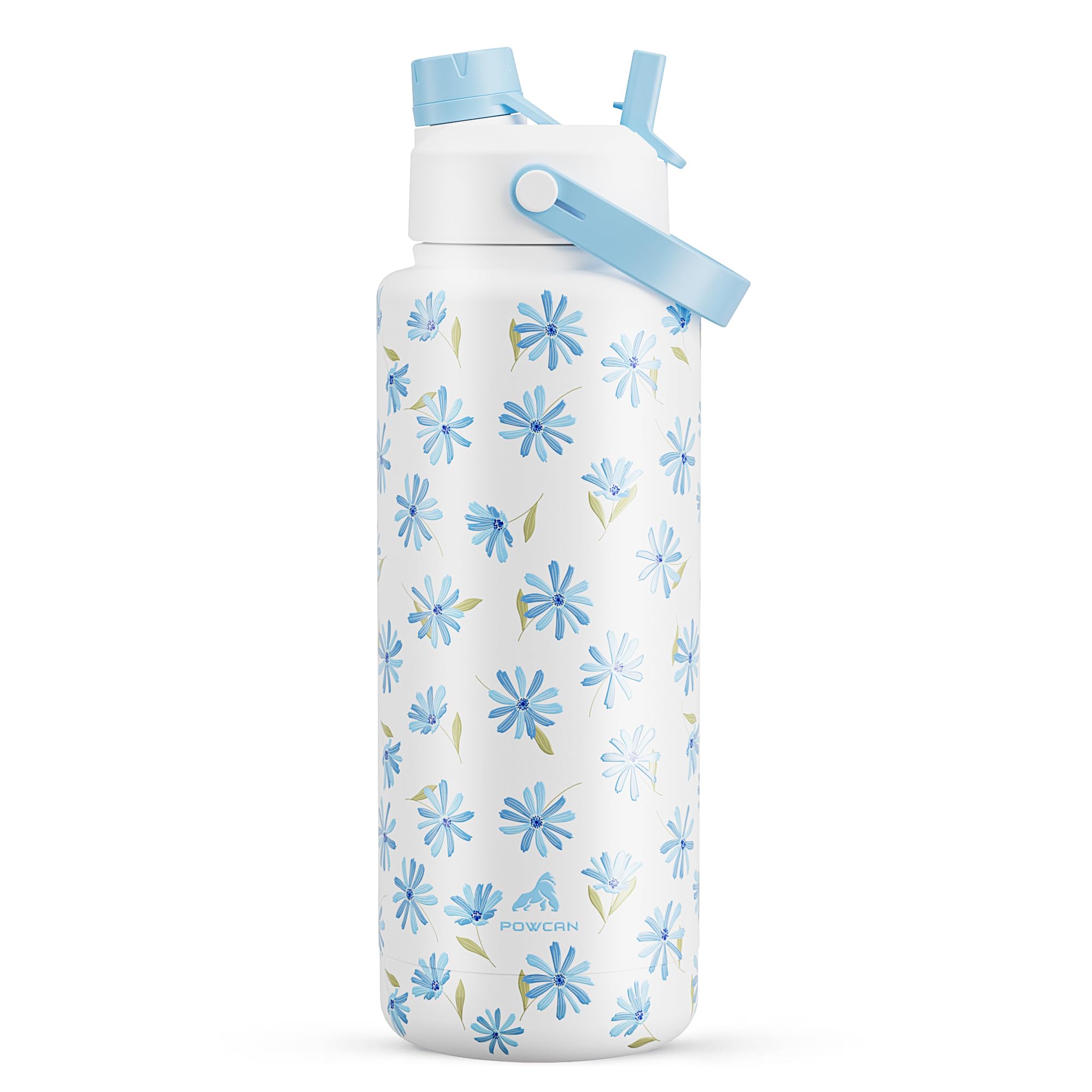 POWCAN 40 oz Insulated Water Bottle with 2-in-1 Straw and Spout Lid, Keep Cold 24H, Leak-Proof, BPA-Free, Double Wall Stainless Steel Water Bottle for Sports, Gym, Travel, School (Blue Linen Meadow)