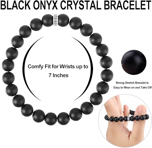 Miniatura 6 de HOZEAL Pulsera de protección de ónix negro, pulsera de cuentas de ágata negra de cristal para coraje, atrae dinero, riqueza, prosperidad, hecha a