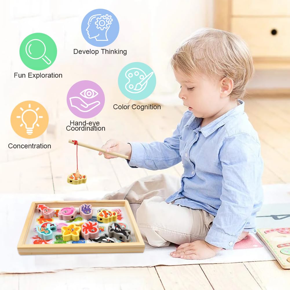 Vicloon Drewniana gra wędkarska, 19 szt., magnetyczna gra wędkarska, drewniane zabawki Montessori z wędką dla dzieci w wieku od 3 lat, edukacyjne zabawki edukacyjne dla dzieci, koraliki do gwintowania