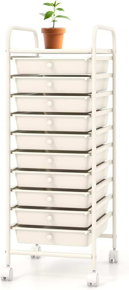 Storage Cart, Rolling Utility Cart with 10 Drawers, Portable Handles & Lockable Wheels, Mobile Paper Toys Storage Organizer Large