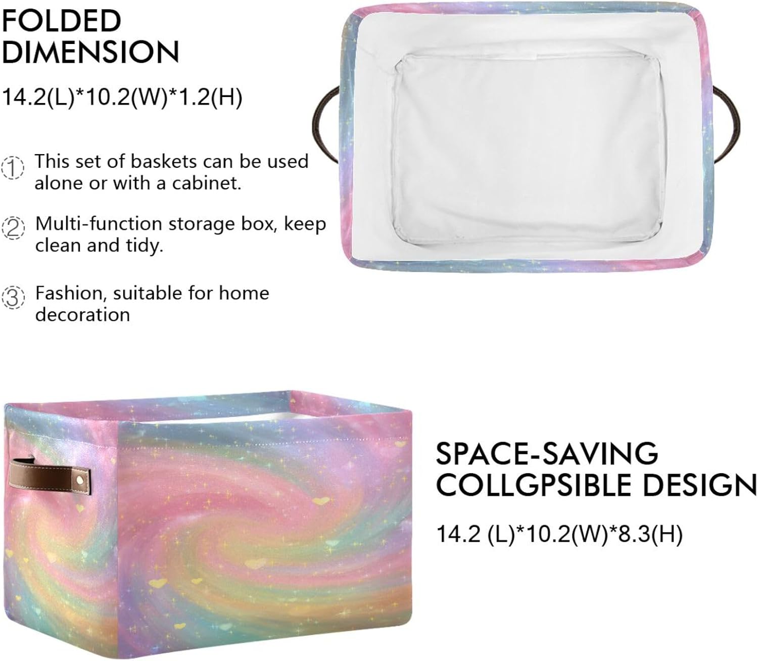 ALAZA Rainbow Love Heart Tie Dye Foldable Storage Box Storage Basket Organizer Bins with Handles for Shelf Closet Living Room Bedroom Home Office 2 Pack image 3