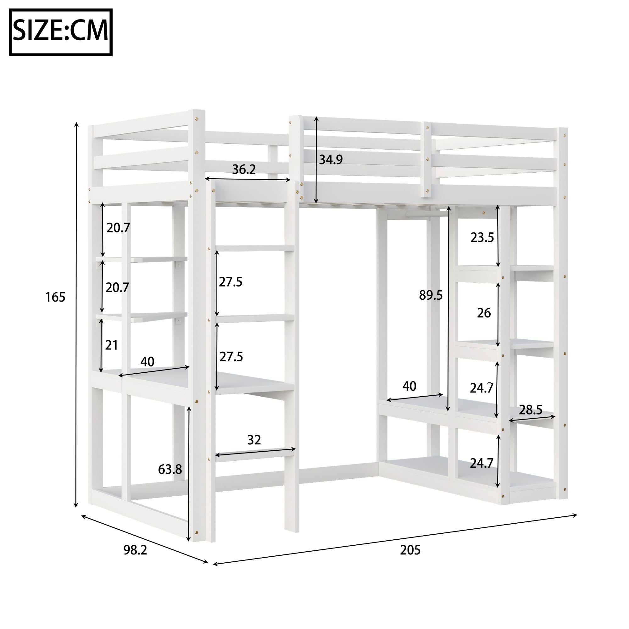 Łóżko piętrowe drewniane 90 x 200 cm ze stołem i półkami, łóżko dziecięce, funkcjonalne z prostymi wieszakami na ubrania i otwartymi półkami dla chłopców lub dziewczynek, białe
