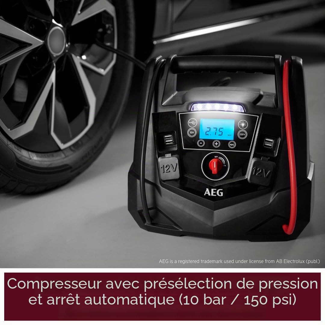 AEG - Station d'énergie Portable - 12 V - avec démarreur Automatique, compresseur d'air, convertisseur de Tension 220 V, Prise de Courant et 4 Ports USB, Noir/Rouge