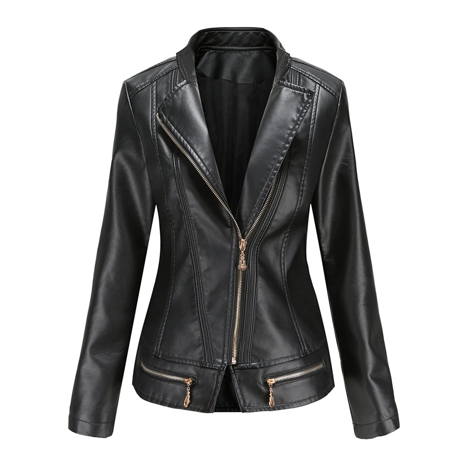 Primavera Otoño Cuello De Giro Dama Faux Chaquetas De Cuero Mujeres Solid A Motor Solid (Color : Black, Size : Small)