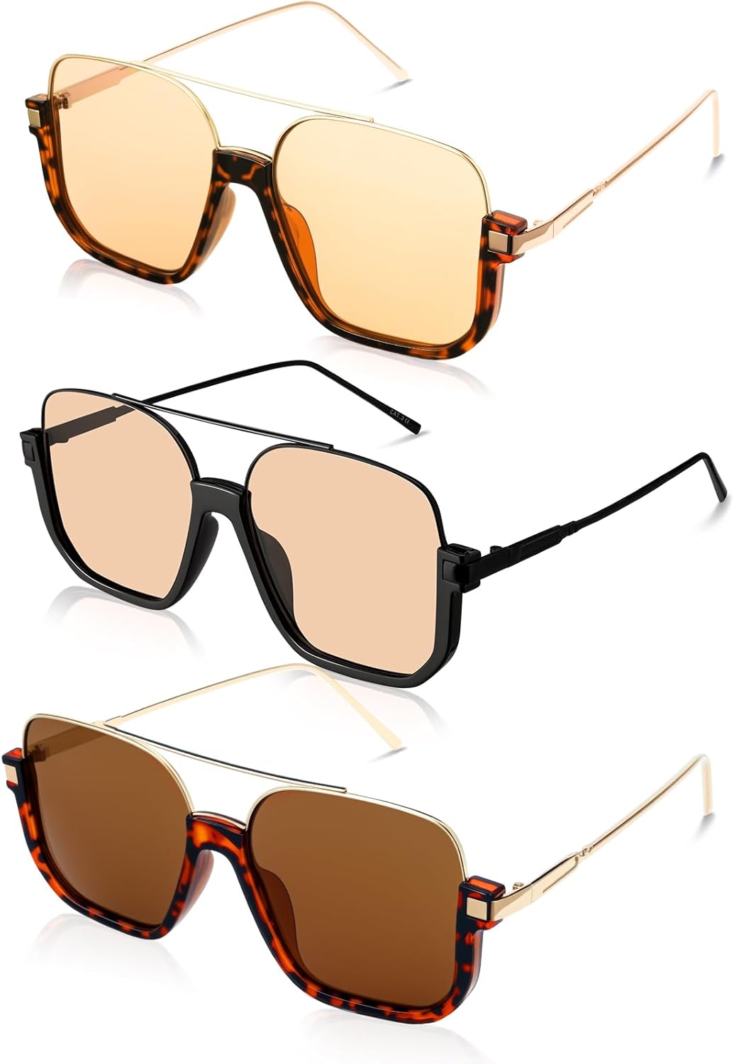 3 Pcs Retro Oversized Aviator Sunglasses for Women Men Square Semi Rimless Sun Glasses 70s Vintage Trendy Shades