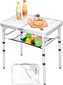 YihuiKo Folding Picnic Table, Camping Table, Adjustable Height Folding Table, Portable Aluminum Small Table with Handle for Picnic, BBQ, Indoor, Office Marbling