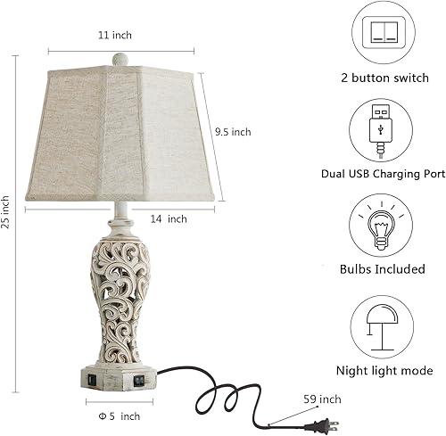 Miniatura 6 de Juego de 2 lámparas de mesa rústicas para sala de estar, dormitorio, lámpara de mesita de noche vintage con 2 puertos USB, lámpara de resina hueca