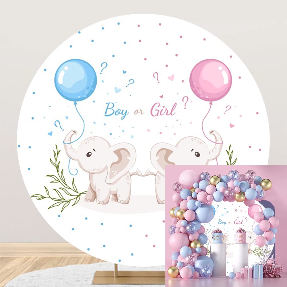 OERJU Elephant Gender Reveal Round Backdrop Cover Boy Or Girl Round Backdrop Pink Blue Balloons Newborn Baby Shower Pregnancy Reveal Party Decoration