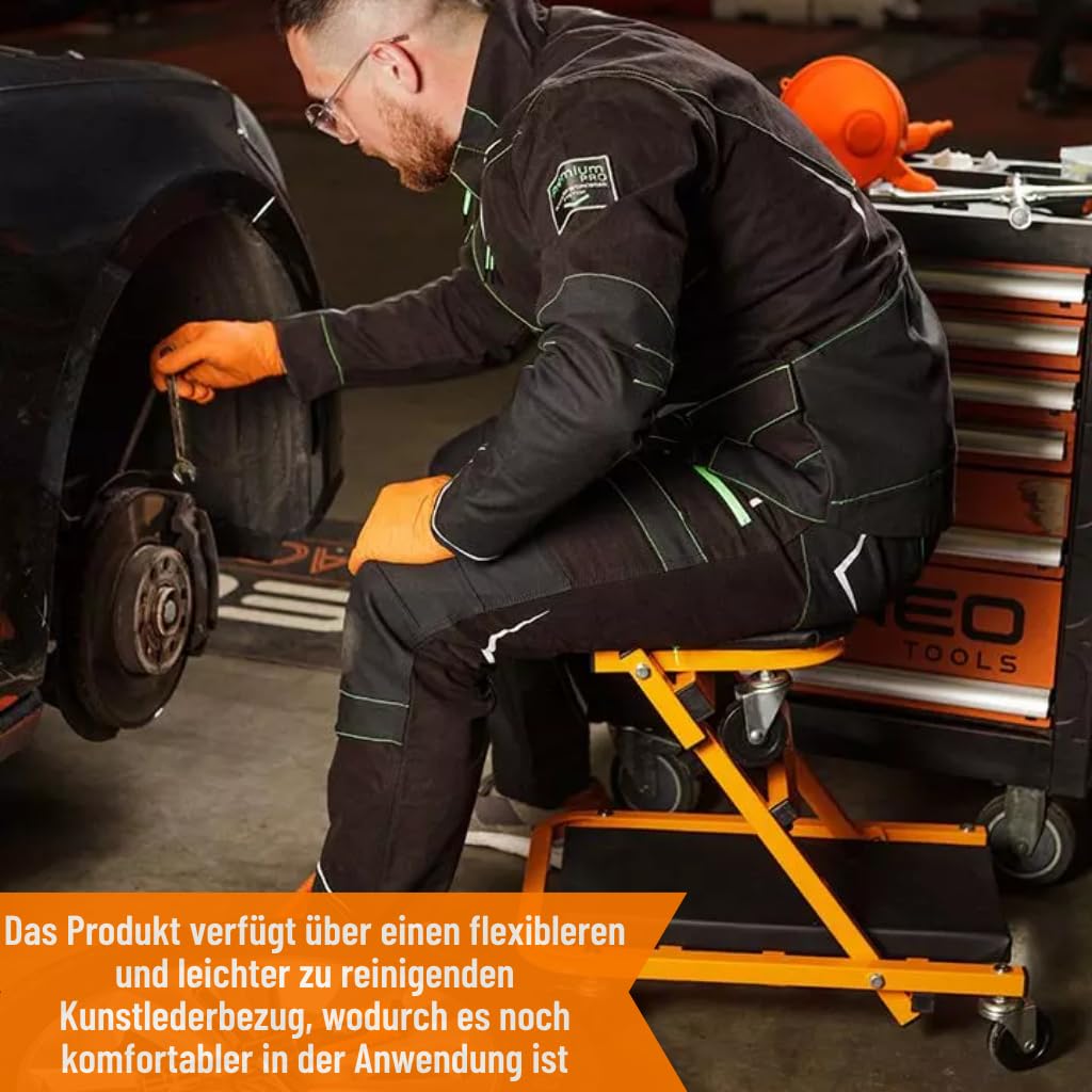 NEO TOOLS 2w1 leżanka warsztatowa na kółkach do samochodów warsztatowych, taboret montażowy, leżanka montażowa do 150 kg, wózek warsztatowy na kółkach | siedzisko obrotowe | funkcja siedzenia i