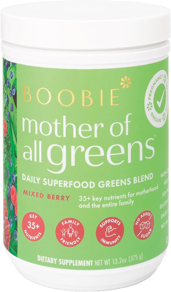 Boobie Pregnancy & Breastfeeding Superfood Greens Powder | Safe for Nursing Moms | 35+ Nutrients for Prenatal, Postpartum & Family Nutrition | Vegan, Gluten Free, Sugar Free | Mixed Berry, 60 Svgs