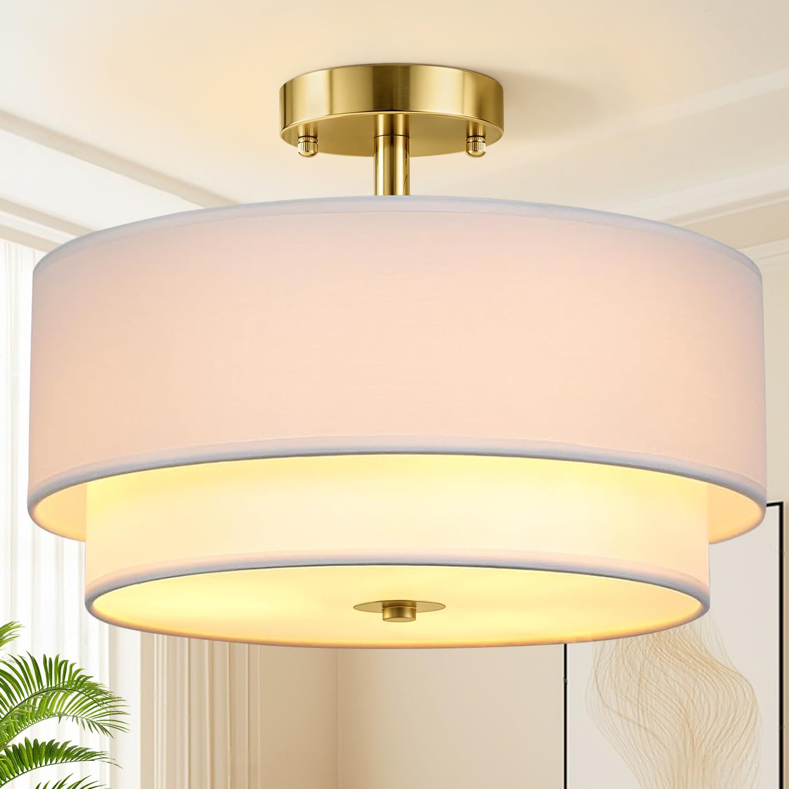 Semi Flush Mount Ceiling Lights, 16In Fabric Drum Shade Ceiling Light