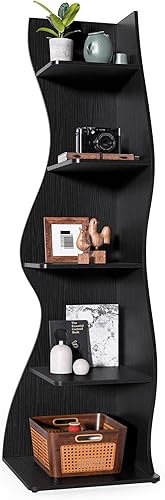 Miniatura 9 de LITTLE TREE Estantería esquinera pequeña, moderna estantería de esquina de pared de 5 niveles, elegante estante de almacenamiento para espacios