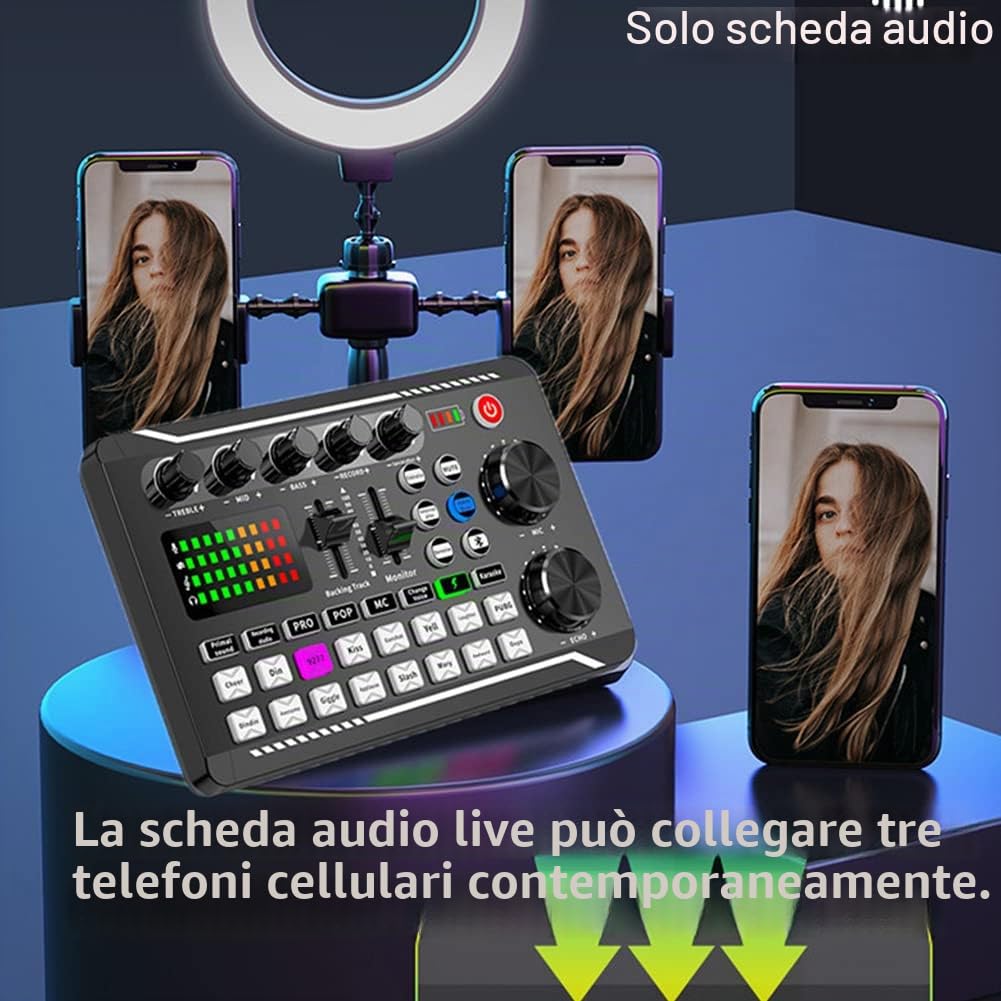 Audio Mixer Card Voice Changer, Audio Mixer DJ Mixer Board Adapter, DJ Equipment Streaming Podcast Scheda audio compatibile Bluetooth per telefono Computer Scheda audio Live con luce LED