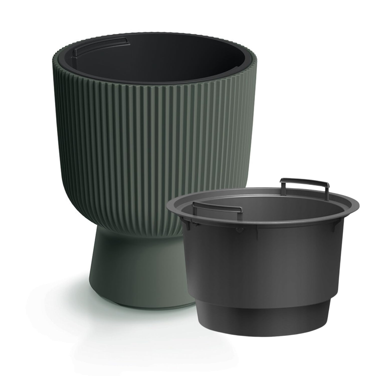 B2C Plant Pots Flower Planter 7 Colours 3 sizes Tall with insert Wavy Plastic Pot Boho Elegant Textured Cylindrical with base indoor/outdoor Modern (Pine green, 40cm - 37L)