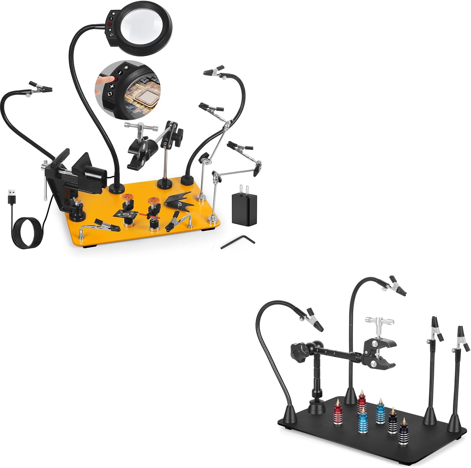 NOEVSBIG Helping Hands Soldering Station with 5X Magnifying Lamp, Magnetic Flexible Arms, 360° Soldering Clamps, Workbench Vise & Large Stable Base, and Helping Hands