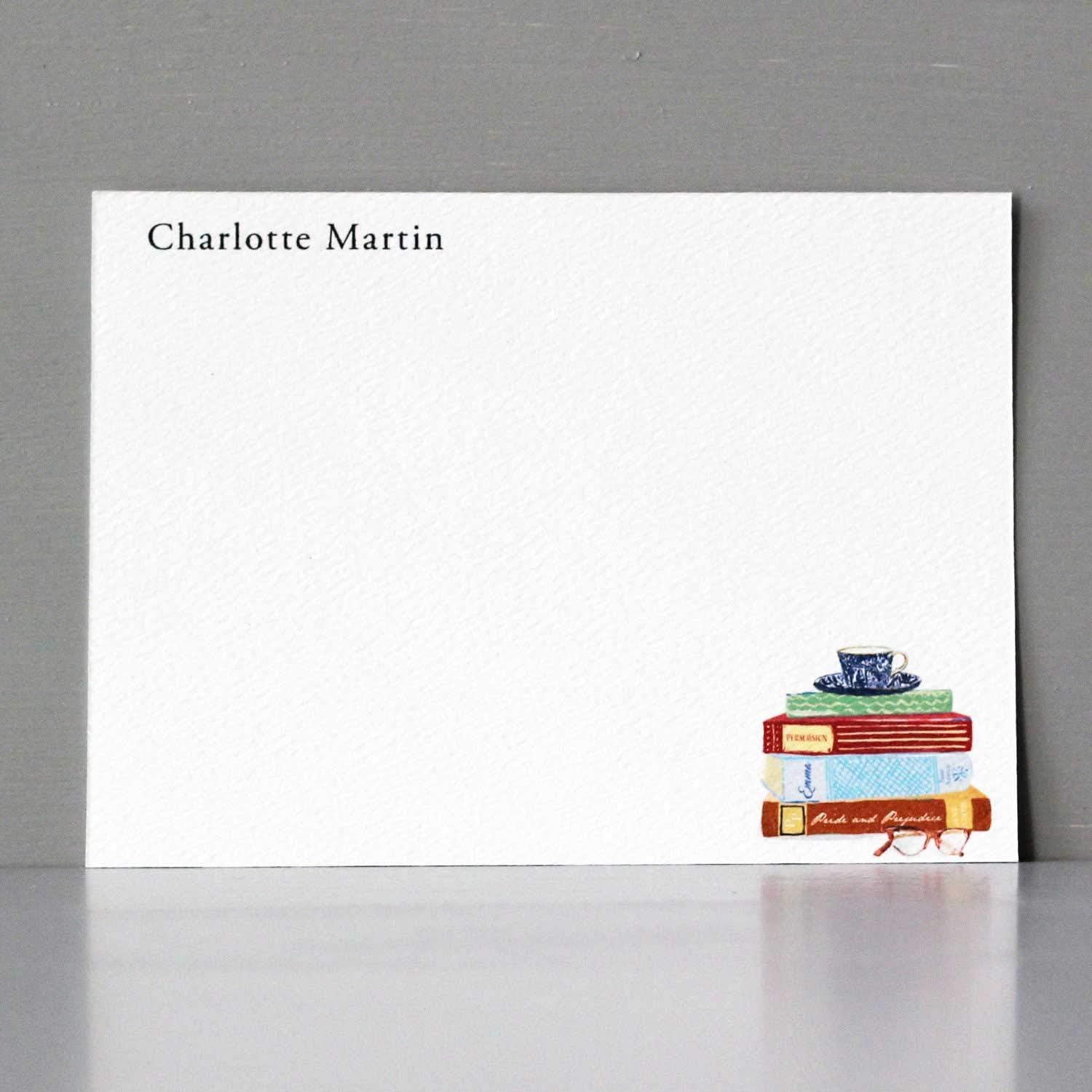 Personalized JANE AUSTEN BOOK STACK w/TEA CUP Flat Notes/Stationery - Sets of 12 or 20 (20)