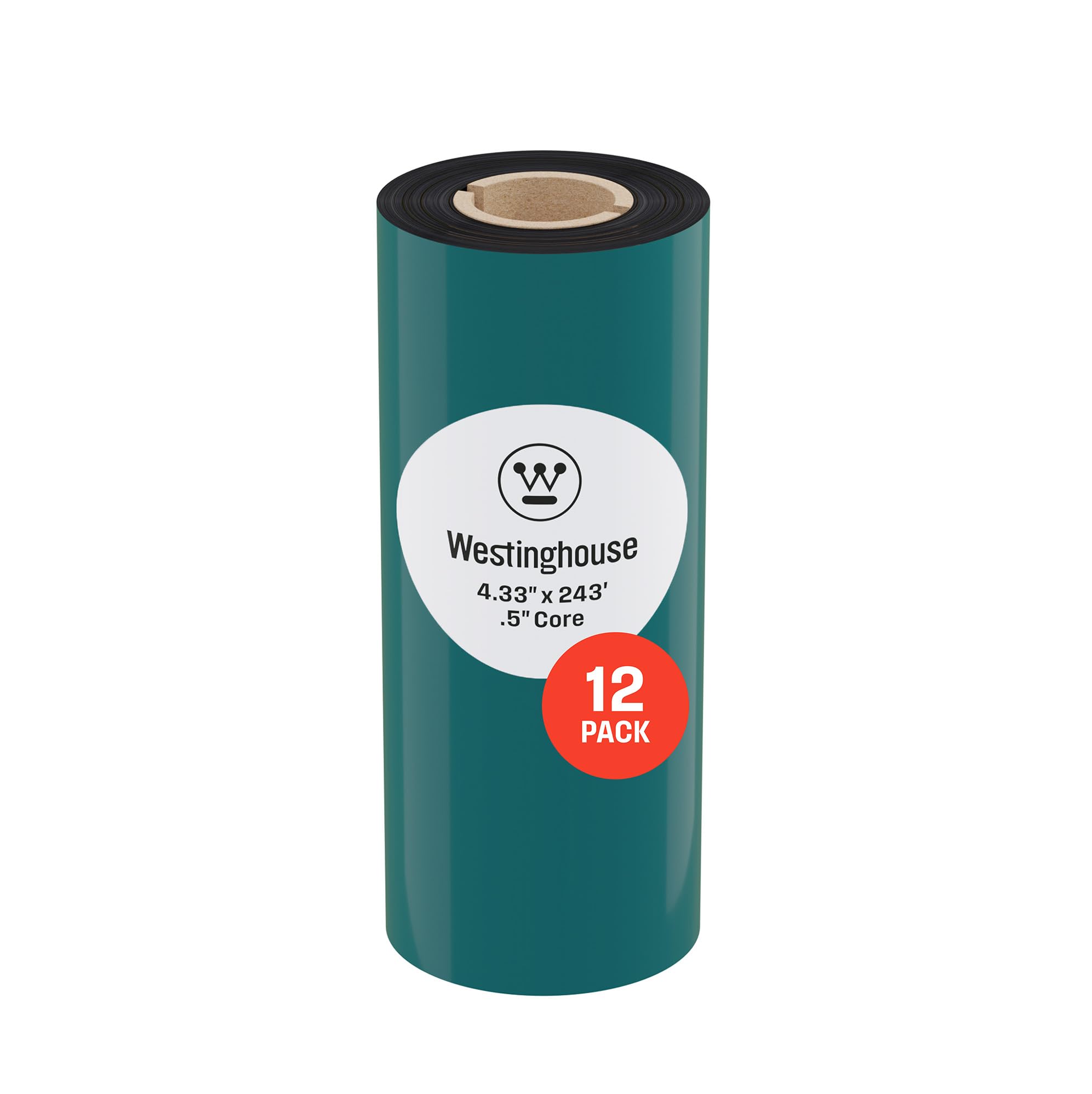 Westinghouse Cinta de transferencia térmica, negra, 12 rollos, núcleo de 0.5 pulgadas, 4.33 pulgadas x 243 pies, cera premium, mejorada con resina, cinta de cera lateral de tinta para impresoras
