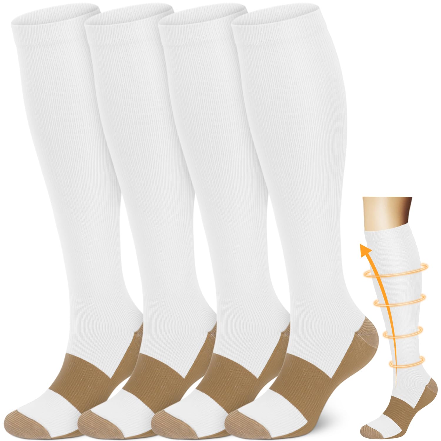 ACTINPUT Copper Compression Socks Men & Women 4 Pairs,Best Support for Nurses,Running,FLying,Athletic