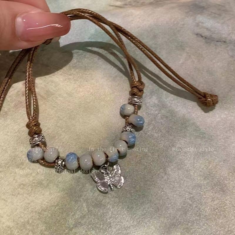 2Pcs Boho Bracelets for Women Vintage Ceramic Bead Bracelet with Butterfly Charm Braided Adjustable Rope Bracelet Light Blue & Light Green Beaded Stackable Bracelets Unique Gift for Friends - Image 8