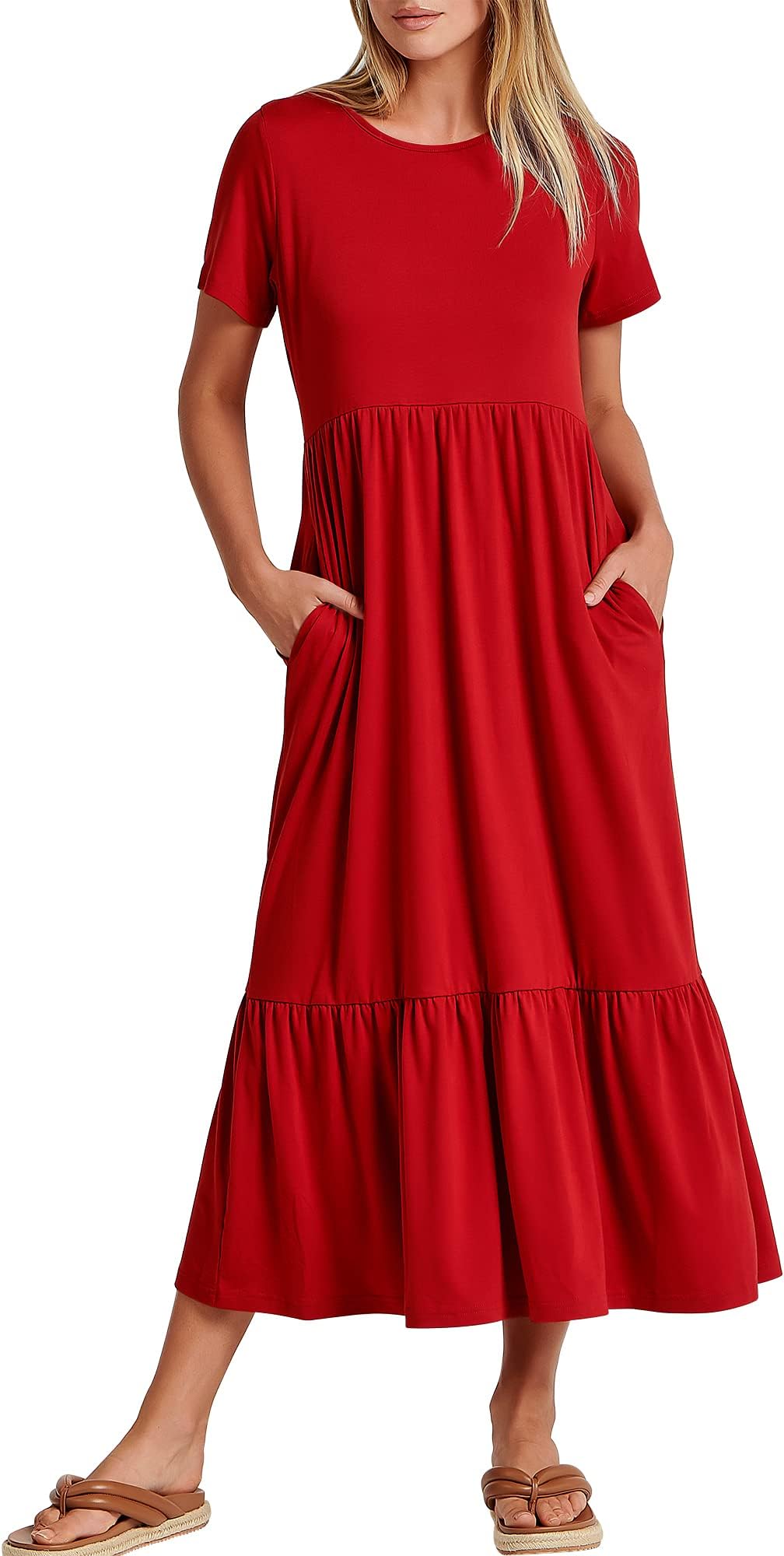 Womens 2026 Summer Casual Maxi Dress A line Tiered Flowy Short Sleeve Crewneck T Shirt Beach Travel Long Dresses