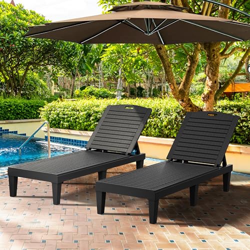 YITAHOME Outdoor Chaise Lounge Chair, Plastic Pool Chaise Lounge with 5-Position Backrest, Easy Assembly & Waterproof for Patio & Poolside, Set of 2, Black