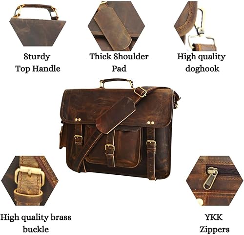 Miniatura 4 de Satchel And Fable Bolso de mensajero de cuero de 16 pulgadas para hombre, hecho a mano, vintage, portátil, portátil, maletín de oficina marrón,