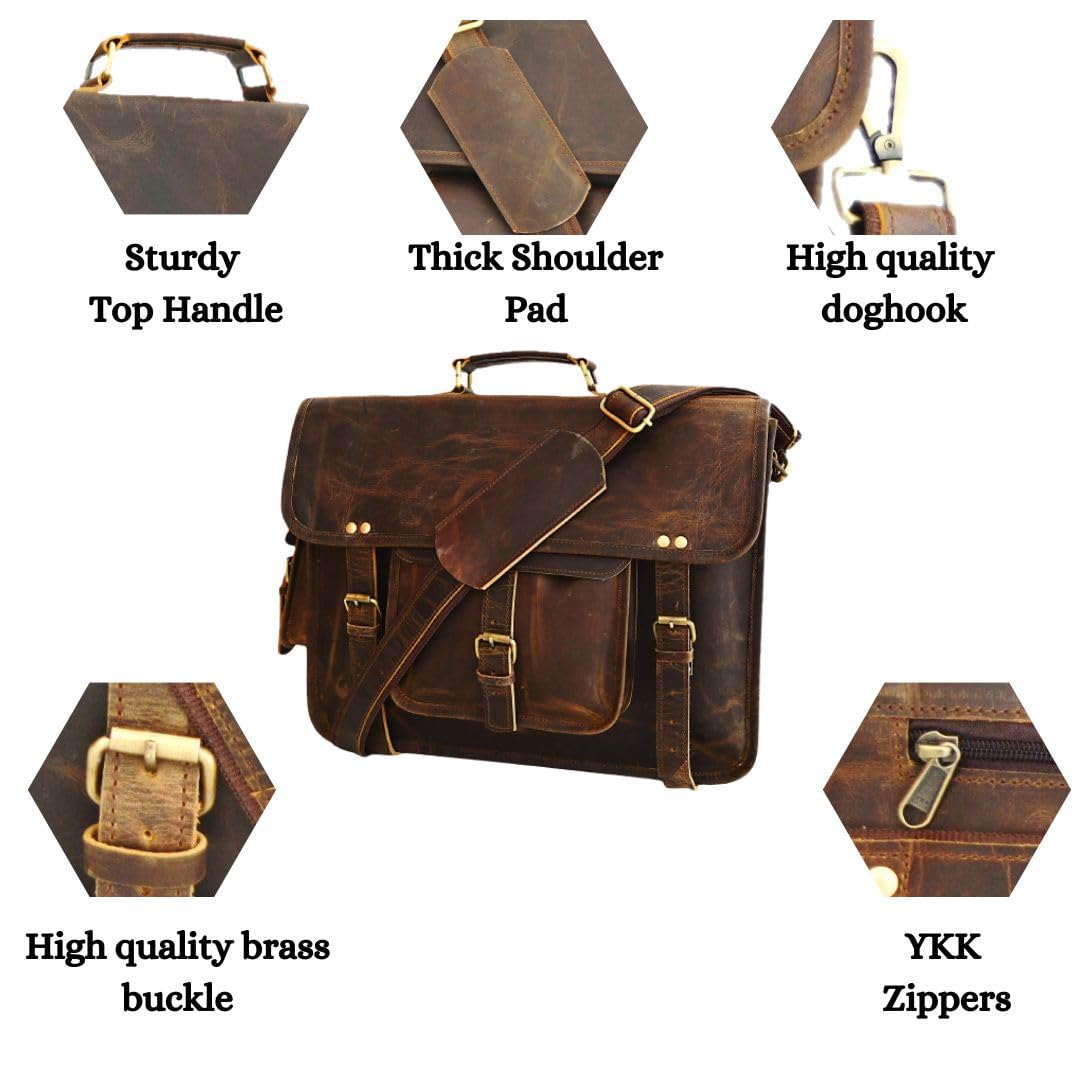 Satchel And Fable 16 inch Leather Messenger bag for men Handmade Vintage Laptop Computer Shoulder Brown Office Briefcase (Dark Brown, 16