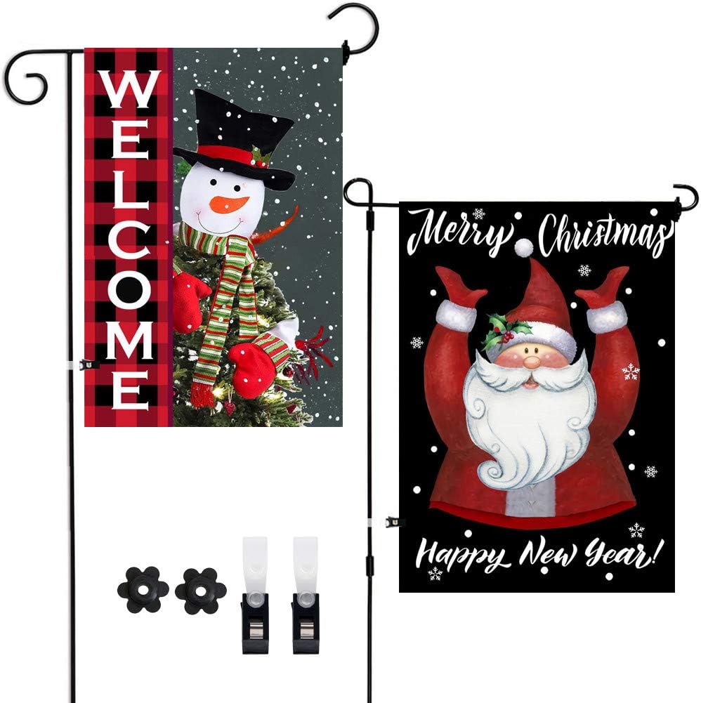 2Pack Snowman Welcome Santa Merry Christmas Happy New Year Decoration Vertical Double-Sided Outdoor Garden Flags,Winter Snow Vintage Burlap Flag Decor with Clips Stoppers for Home Front Door Yard Lawn