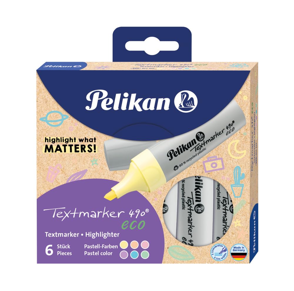 Pelikan Highlighter 490® eco Set of 6 Pastel Colours in Case, 823432