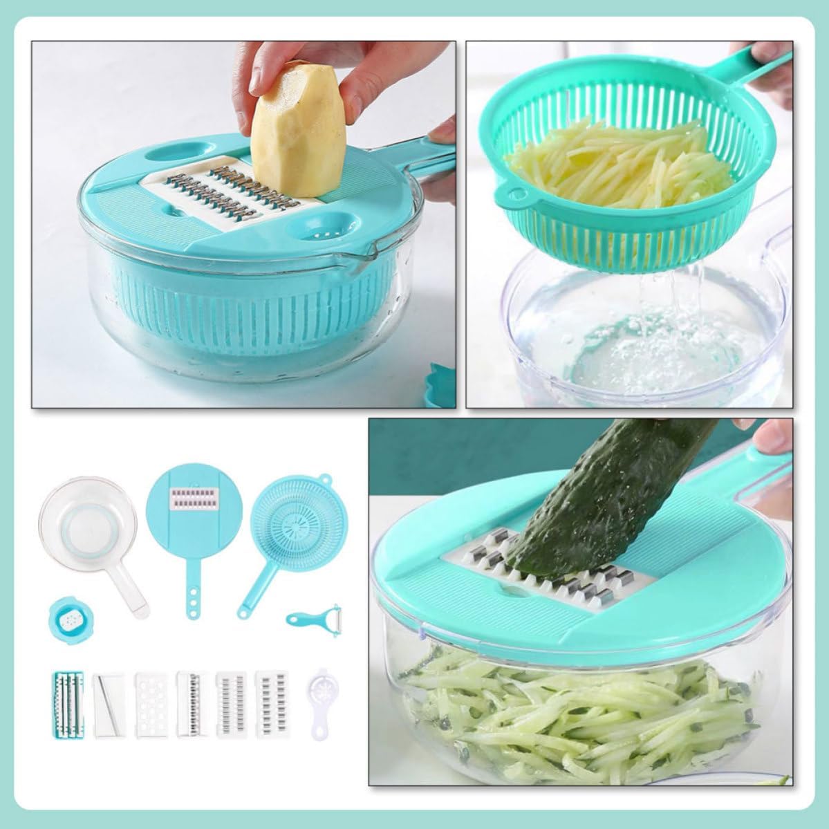 Multi Use Vegetable Grater with Draining Basket, Blue Stainless image 3