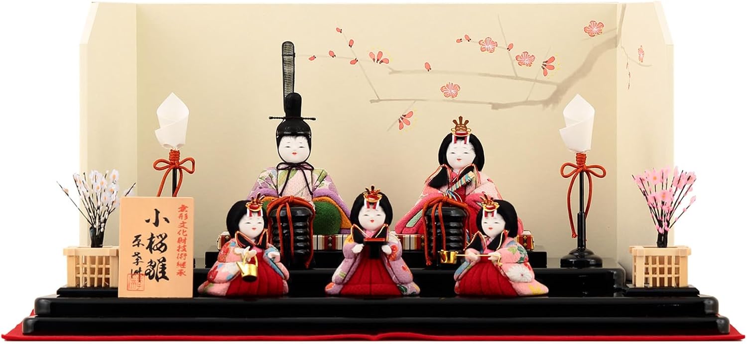 雛人形 三段飾り 木製 花霞 赤茶塗り 80cm巾 中古品 雛人形 三段飾り